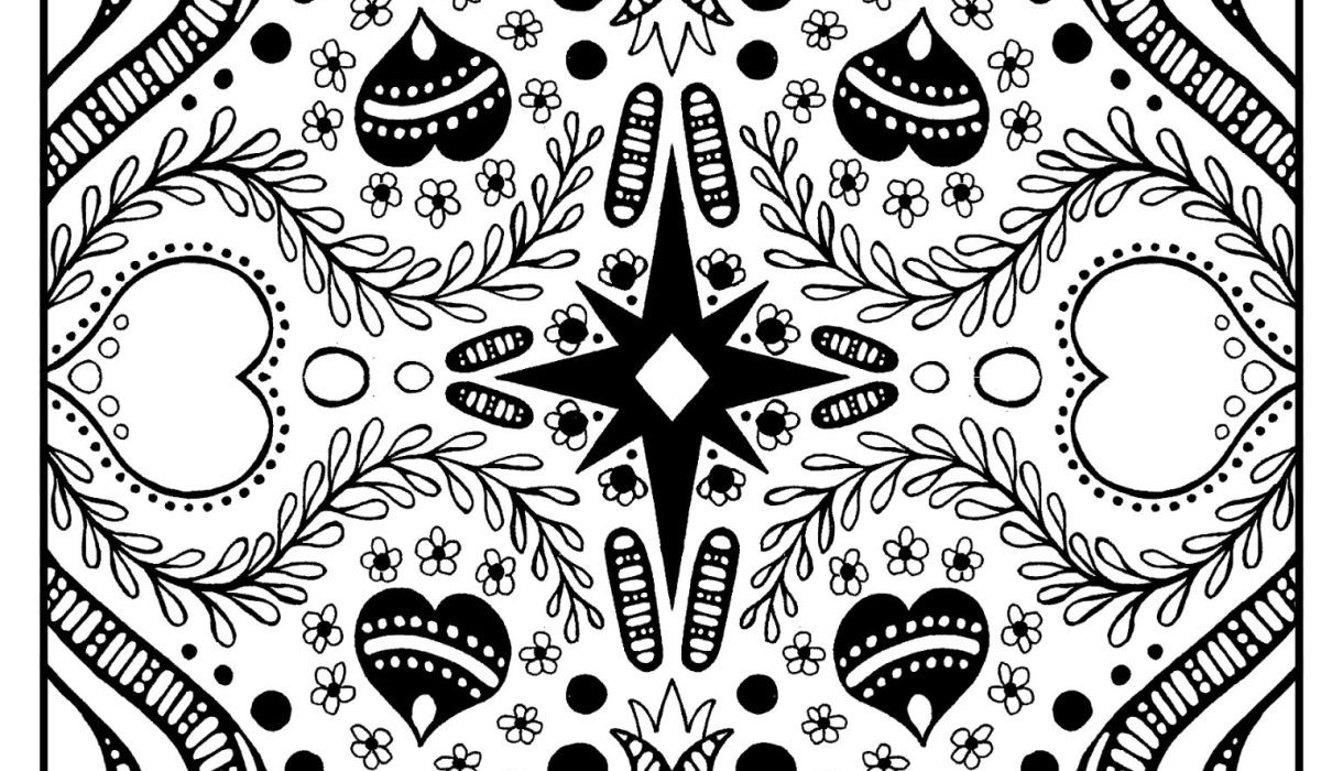 Black and white hand drawn adult folk art coloring page free